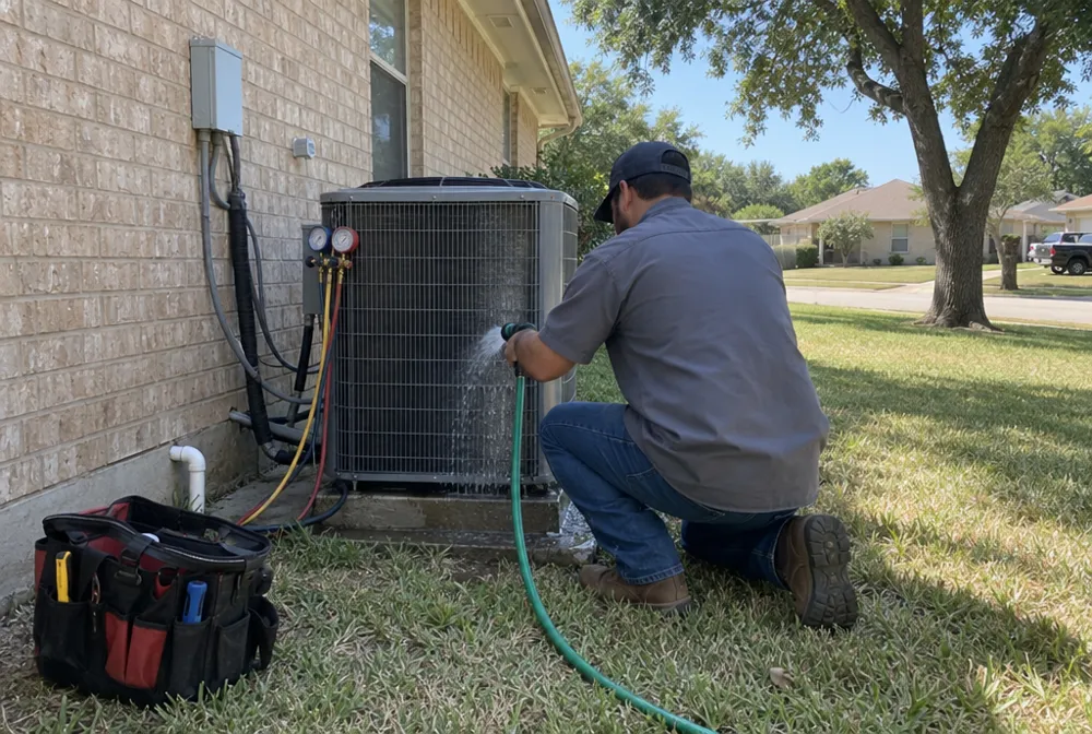 Sample photo: a tech kneeling by a home AC condenser, rinsing the coil with a garden hose, gauges hooked up